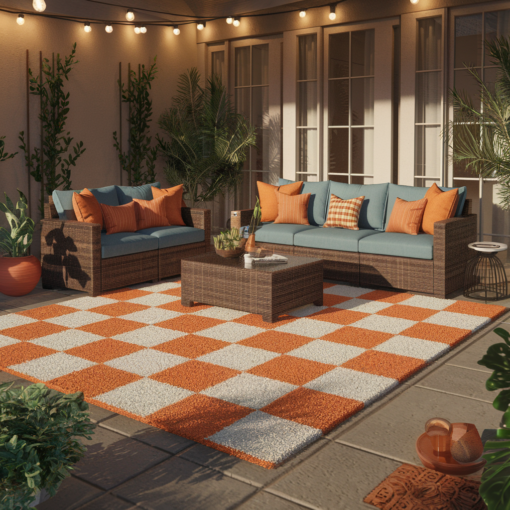 Orange Checkered Rug with other Decor Accents in an Outdoor Space