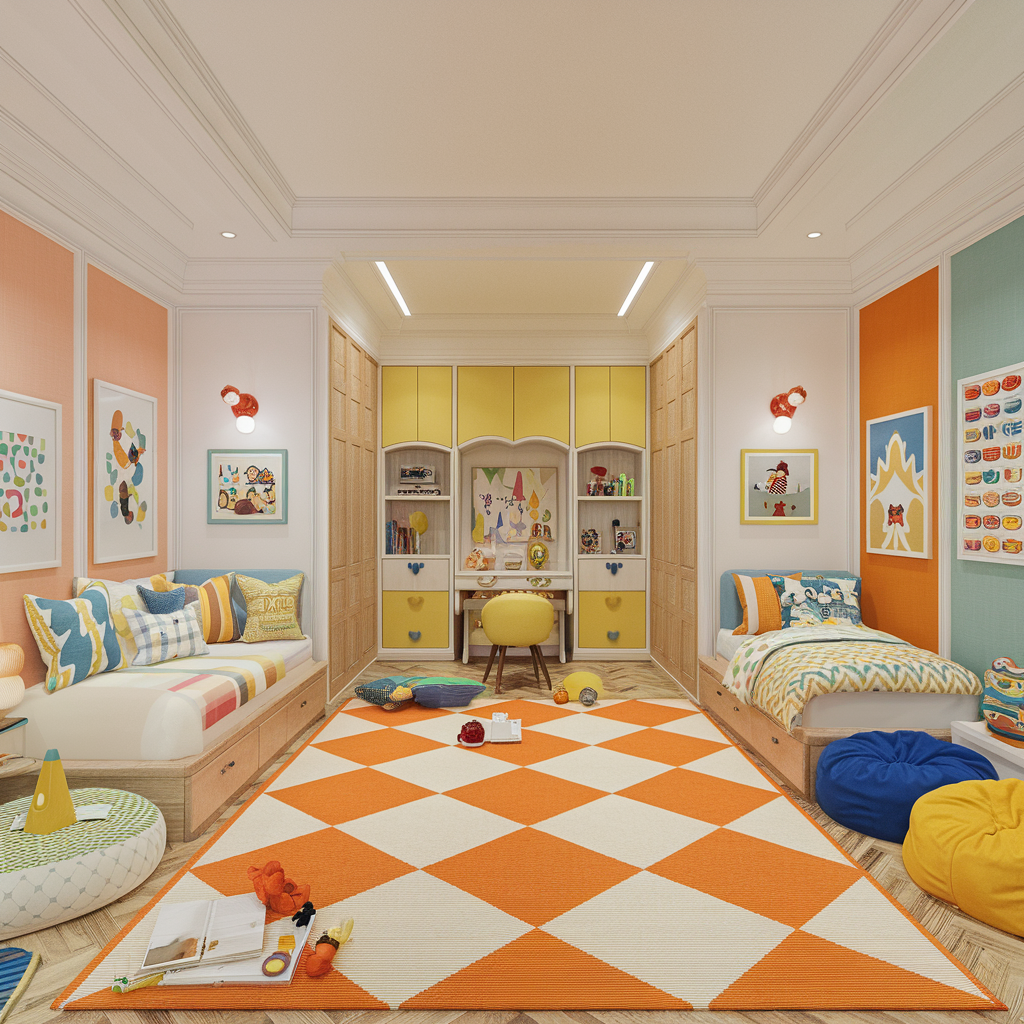 Orange Checkered Rug In A Kids' Room With Other Decor Accents