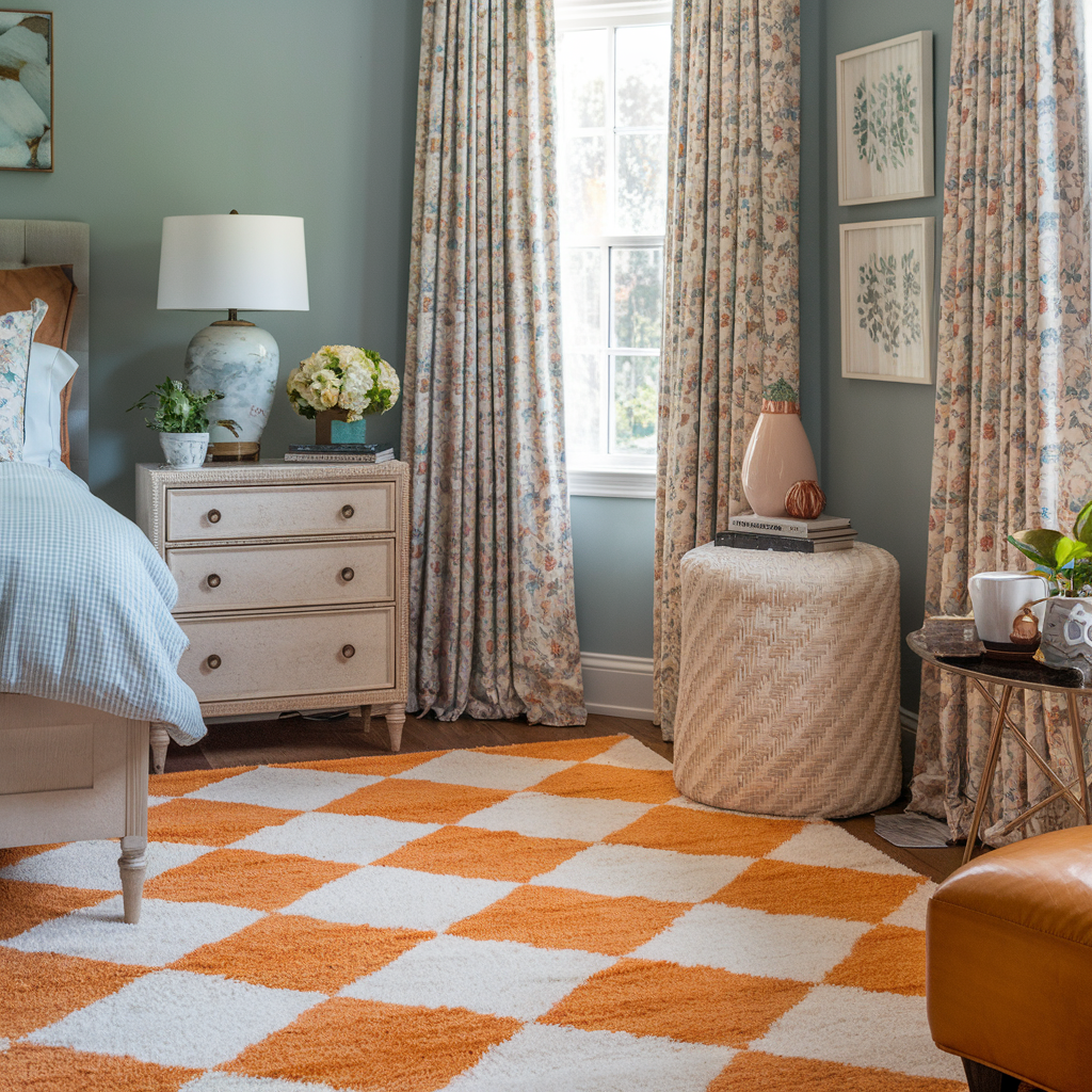 Orange Checkered Rug in a Bedroom with a Mixed Pattern Decor Theme