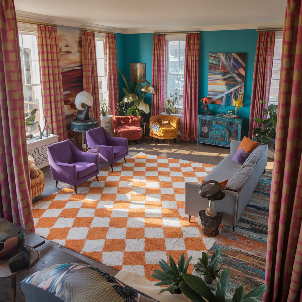 Orange Checkered Rug in a living room with an Eclectic Vibe 