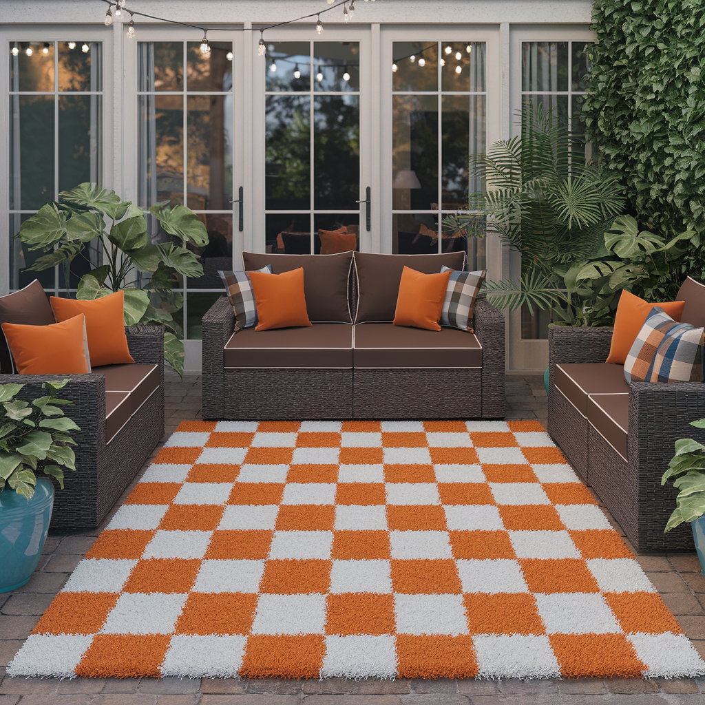 Orange Checkered Rug in an Outdoor Space with other Decor Accents