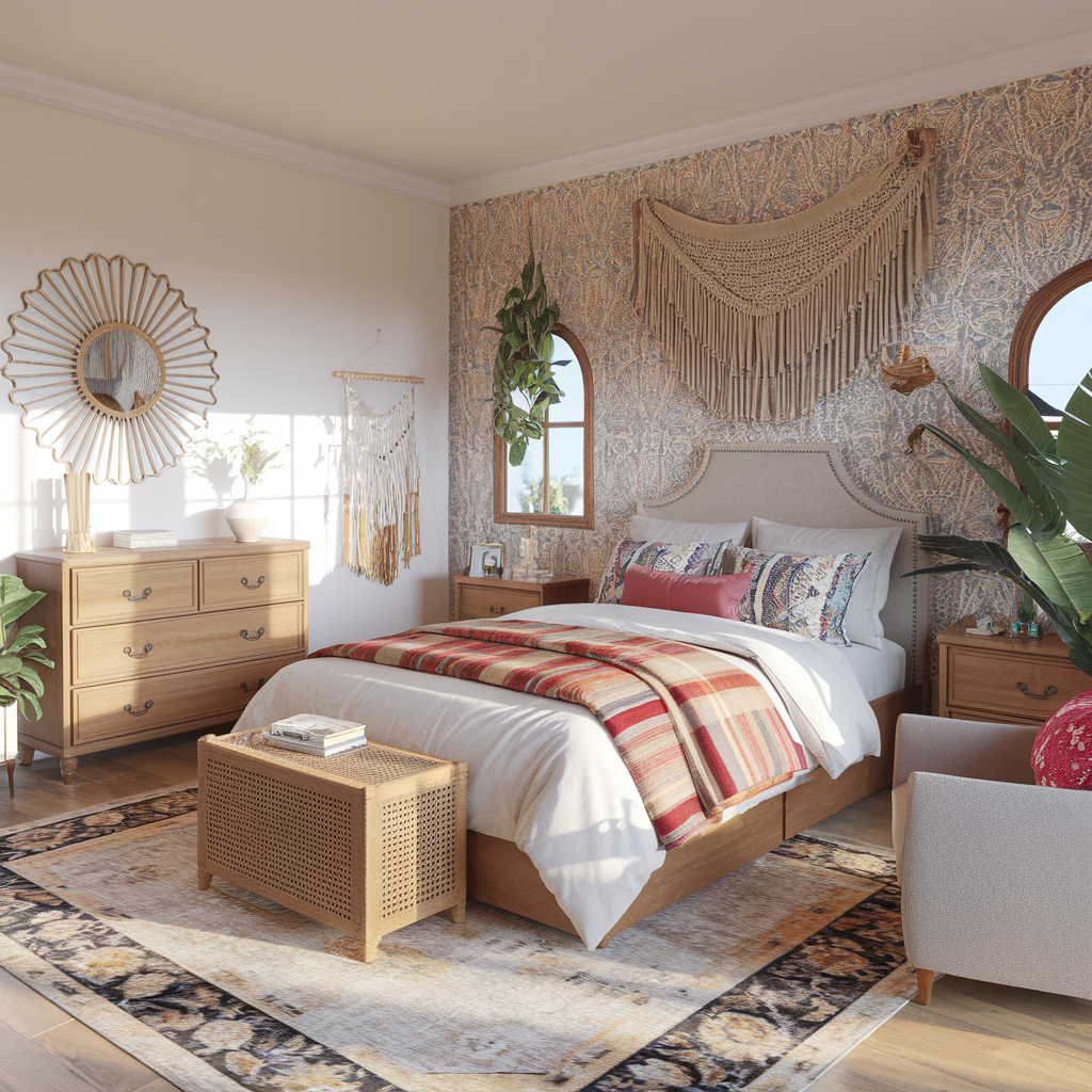 A Modern Boho Bedroom With Other Decor Accents