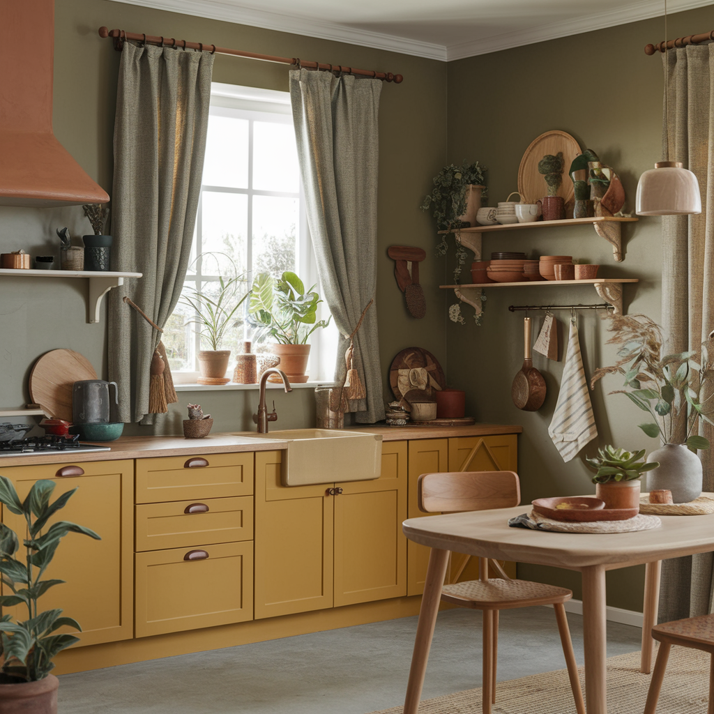 A boho kitchen with mustard yellow cabinets, a sage green accent wall, terracotta kitchen utensils and decor, and natural wood countertops, table and, chairs.