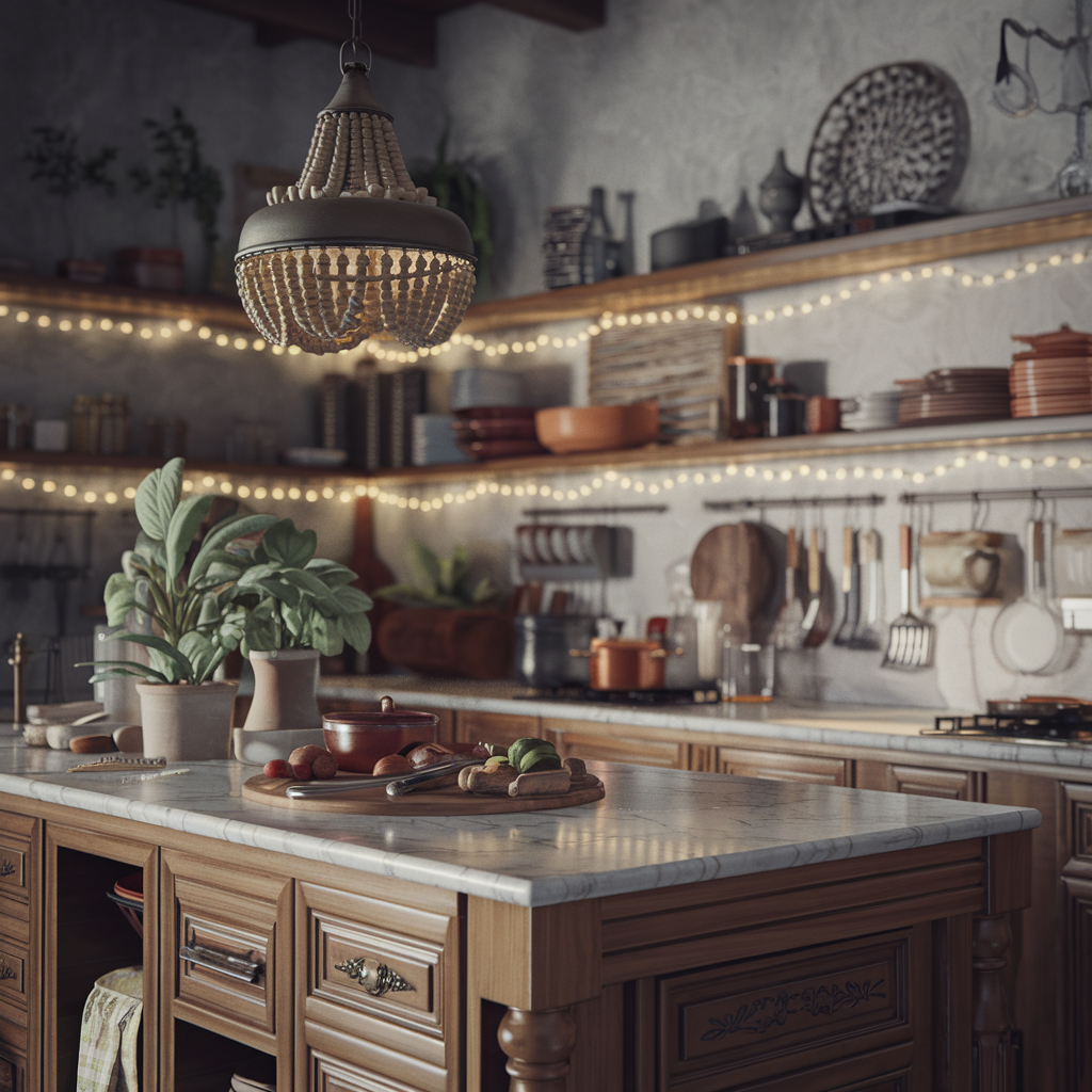 A kitchen with a sculptural boho pendant light made of woven materials and string lights along open shelving creating a warm glow.