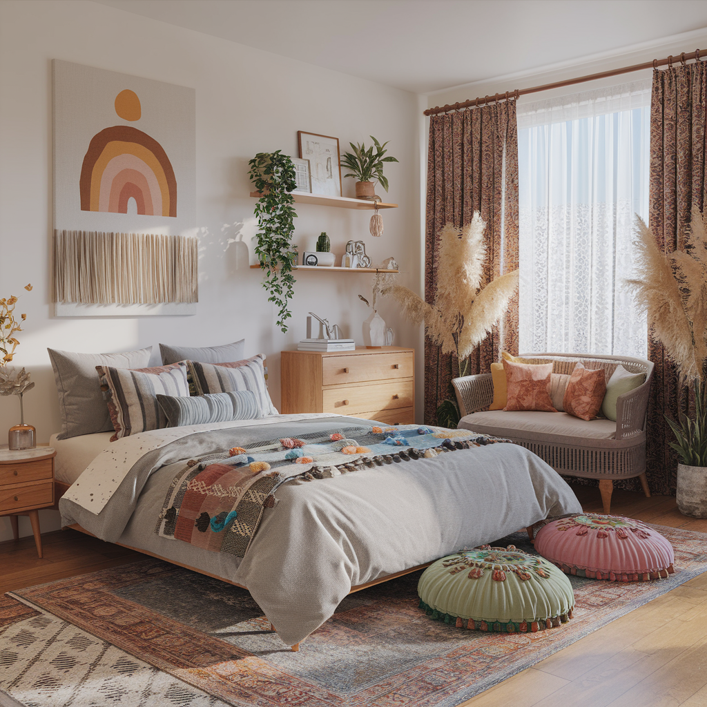 A Modern Boho Bedroom With Other Decor Accents