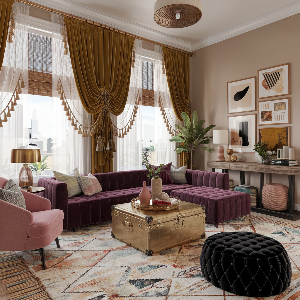 An eclectic living room with various window treatments and other furniture and home decor accents.