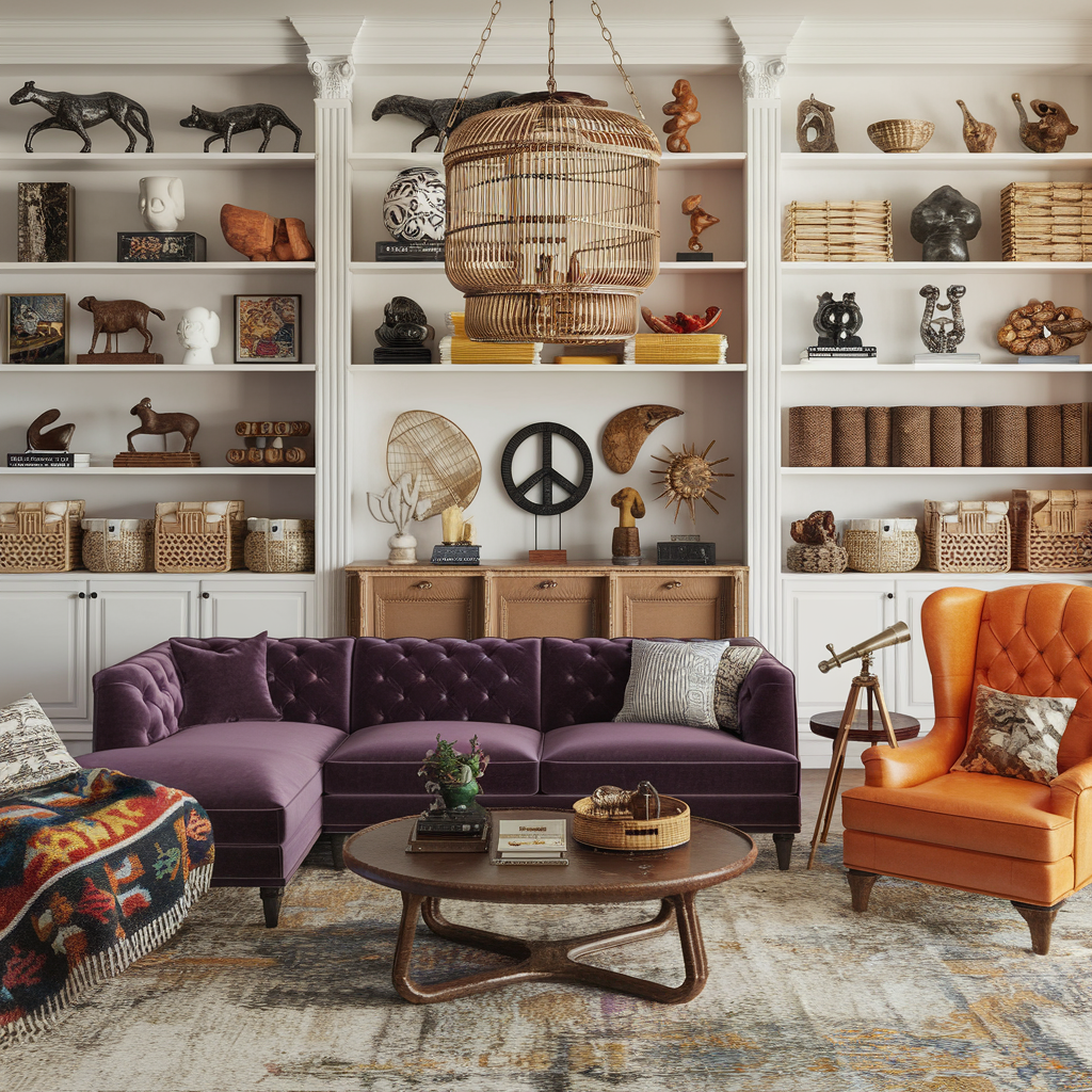 An eclectic living room setting with a unique collection of mementos, trinkets, and other finds on a shelf. Including, pieces of furniture and other home decor accents