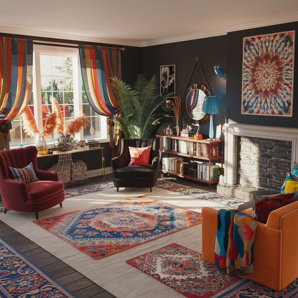 Eclectic living room with layering rugs, furniture, and vibrant decor accents