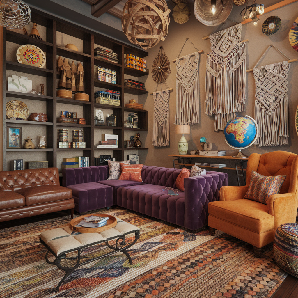 An eclectic living room reflected with global decor and other decor accents and furniture