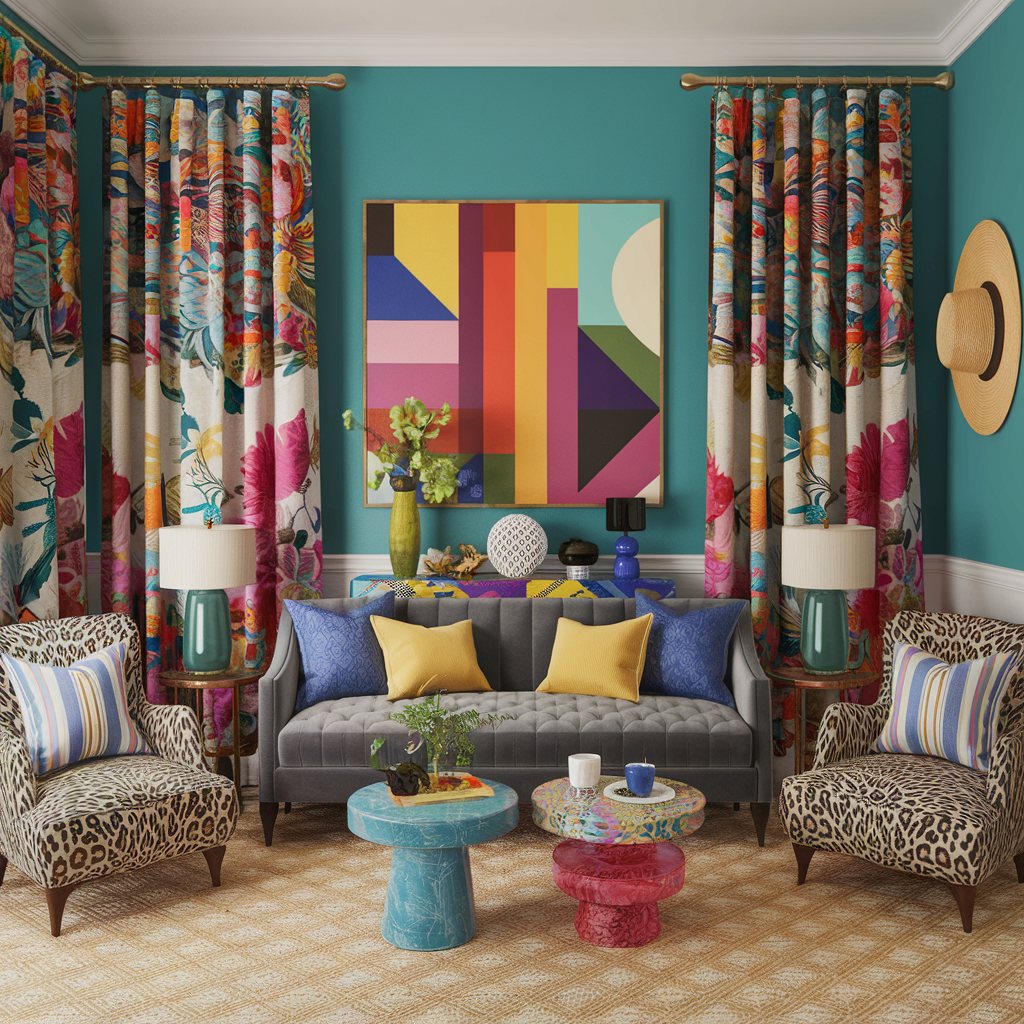 Eclectic living room with mixed bold patterns, textures and other decor accents