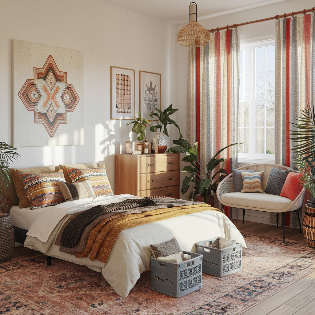 A Modern Boho Bedroom With Other Decor Accents