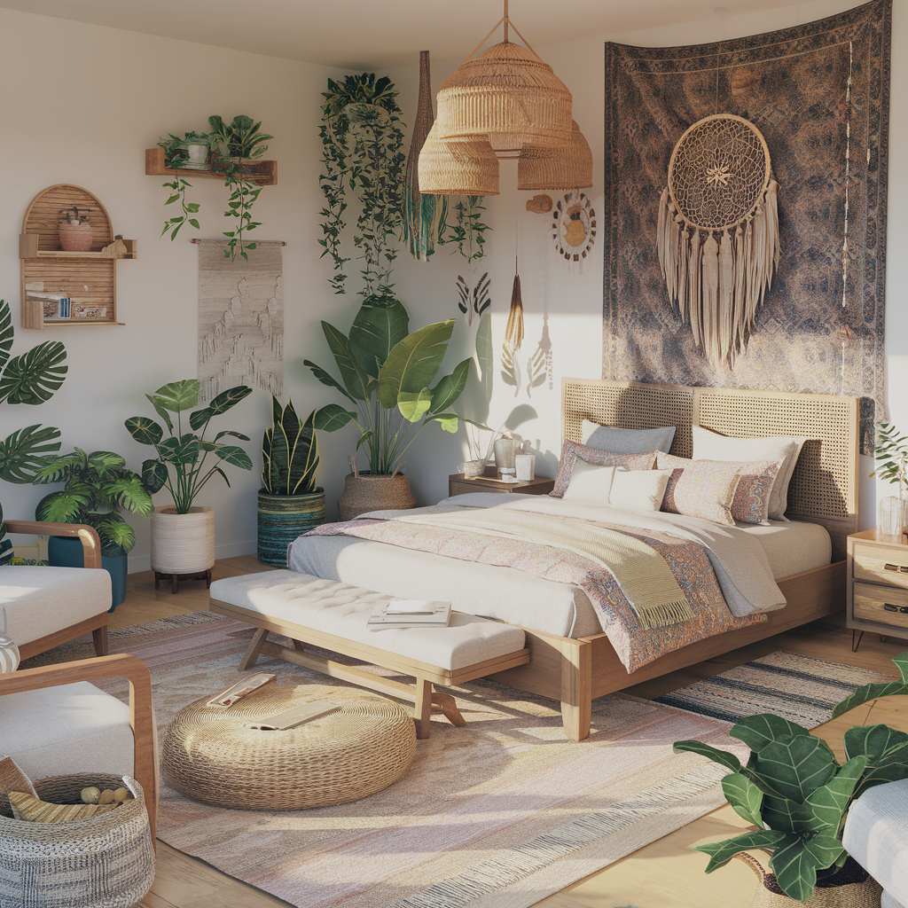 A Modern Boho Bedroom With Other Decor Accents