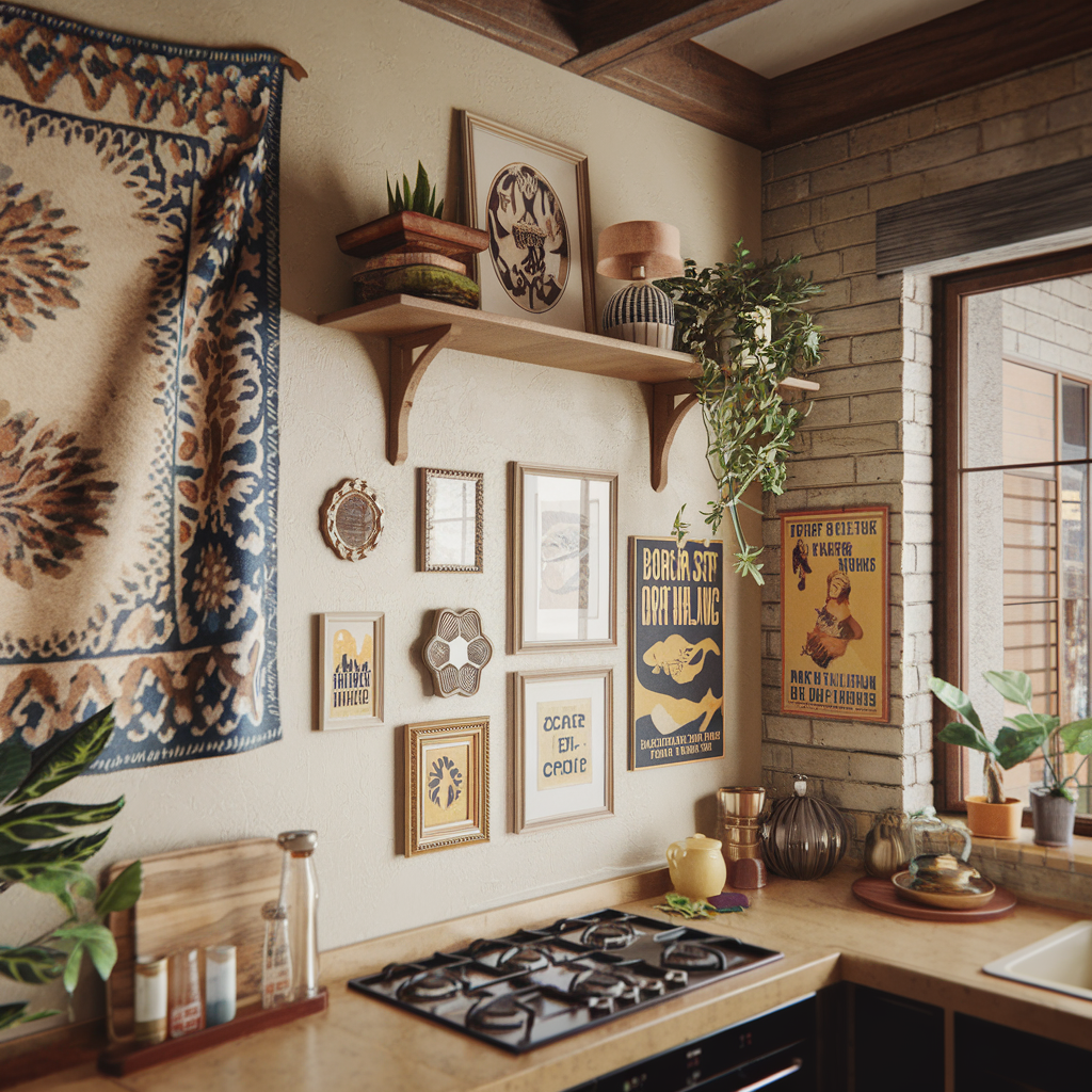 A boho kitchen gallery wall with framed abstract art and a woven tapestry.