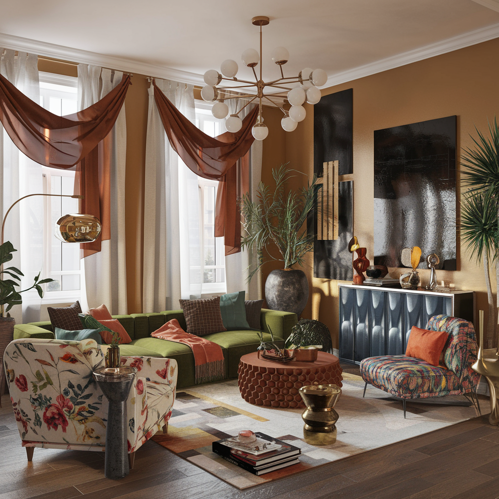 Eclectic living room with a statement light fixture and other vibrant decor accents