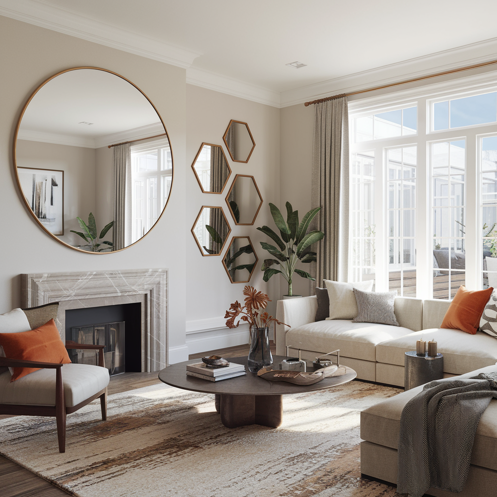 A modern living room with a brass round mirror above a mantel, geometric mirrors, cozy furniture, and decor for a bright, airy feel.