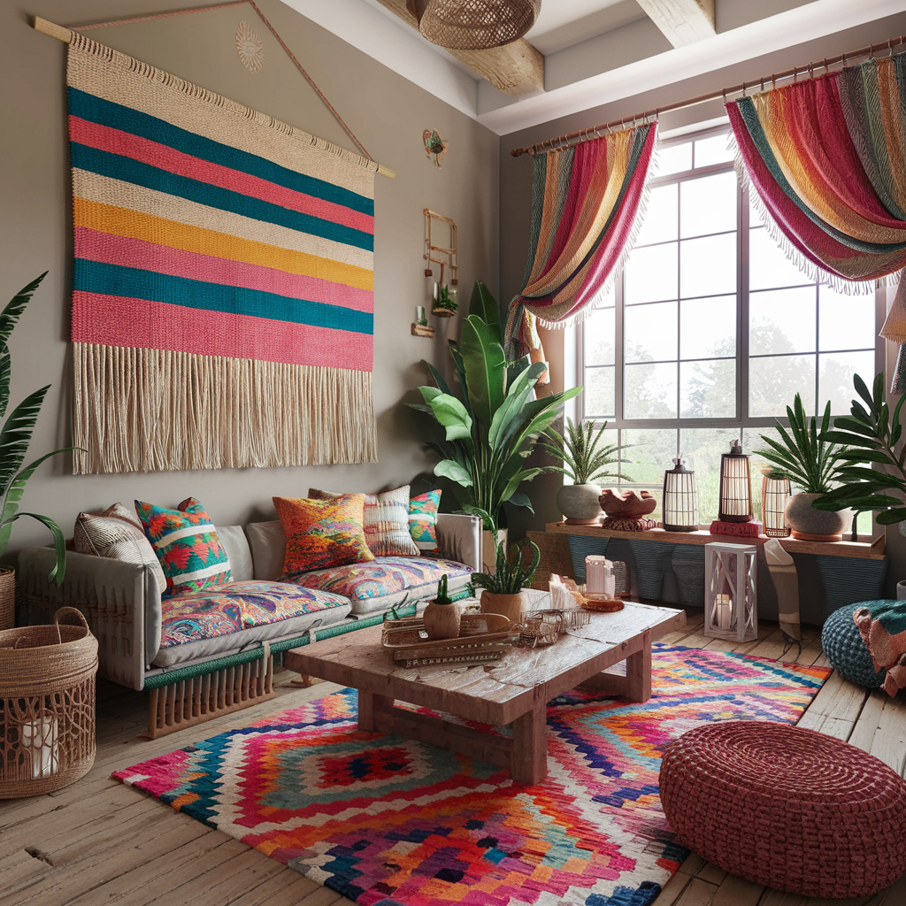 A boho living room with a bold woven wall hanging, vibrant cushions, textured rug, rustic furniture, and eclectic decor accents.