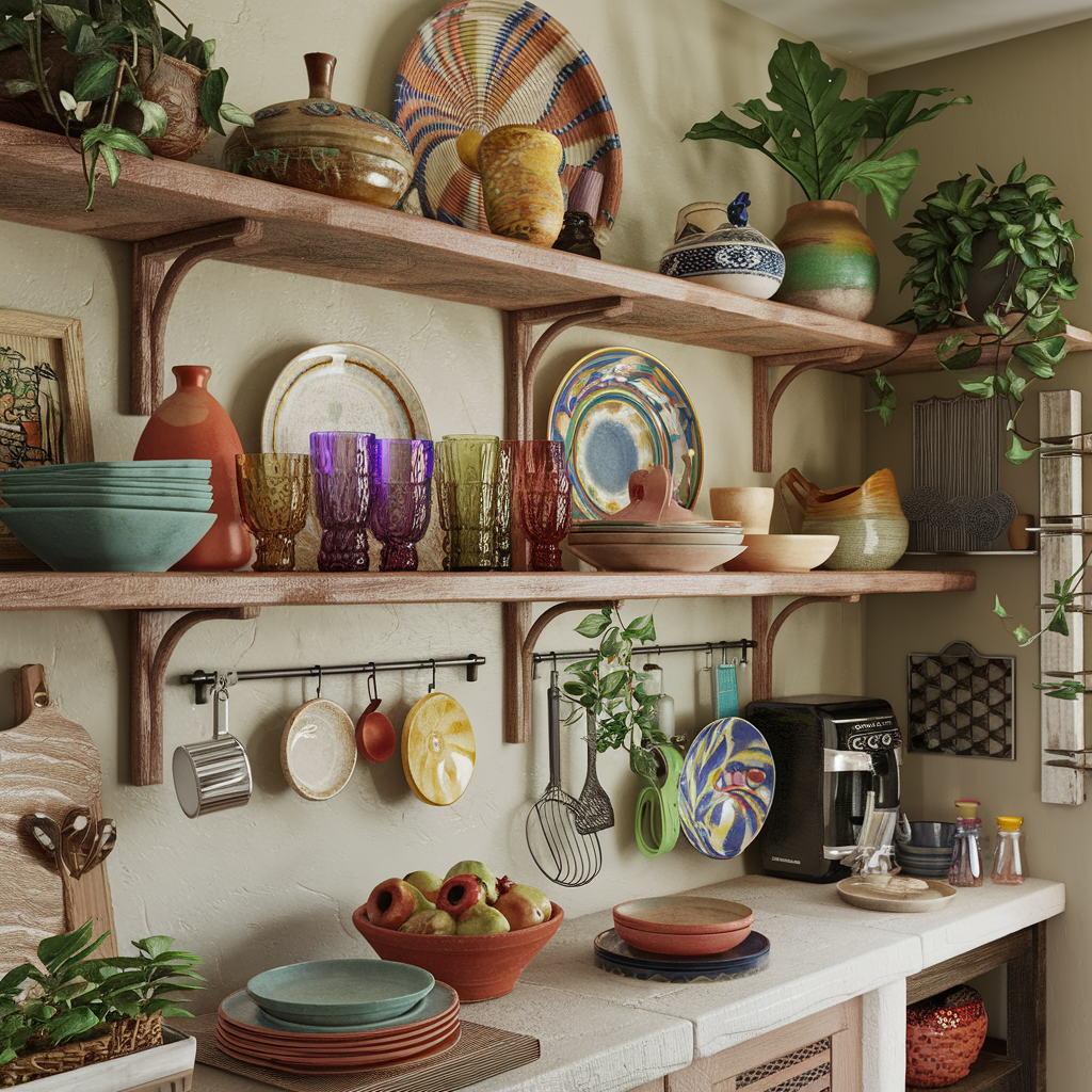 Wooden open shelves in a boho kitchen displaying mismatched dishes, vibrant glassware, woven baskets, and potted plants