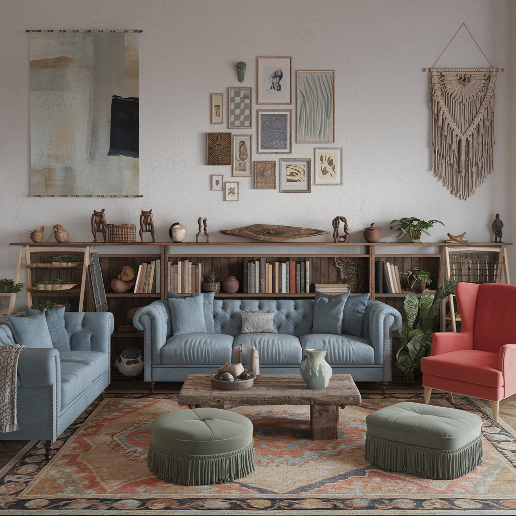 An eclectic living room with handmade art, furniture, and home decor accents