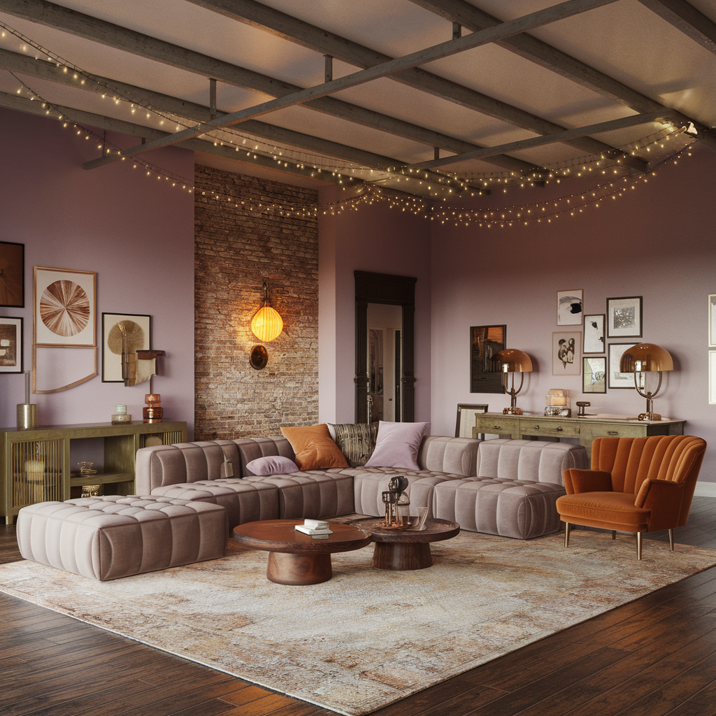 An eclectic living room with various light sources, furniture, and home decor accents
