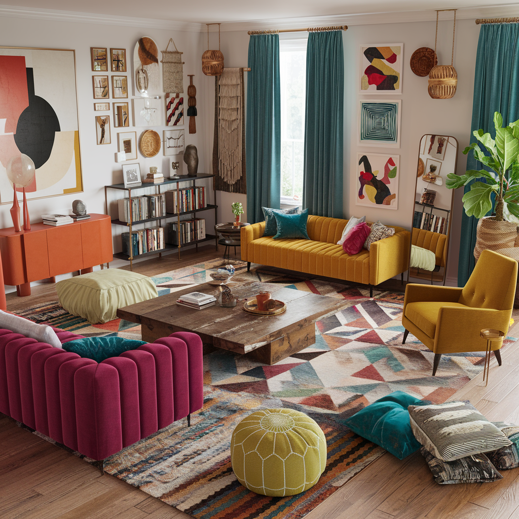 An eclectic living room with large bold statement pieces and other furniture and home decor accents.