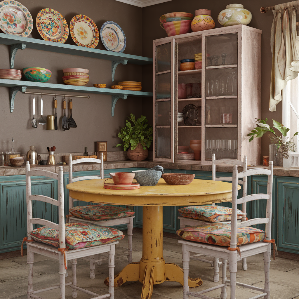 A boho kitchen with a eclectic collection of coloful hand-painted plates, textured bowls, and glassware displayed on open shelving and in a glass-front cabinet.