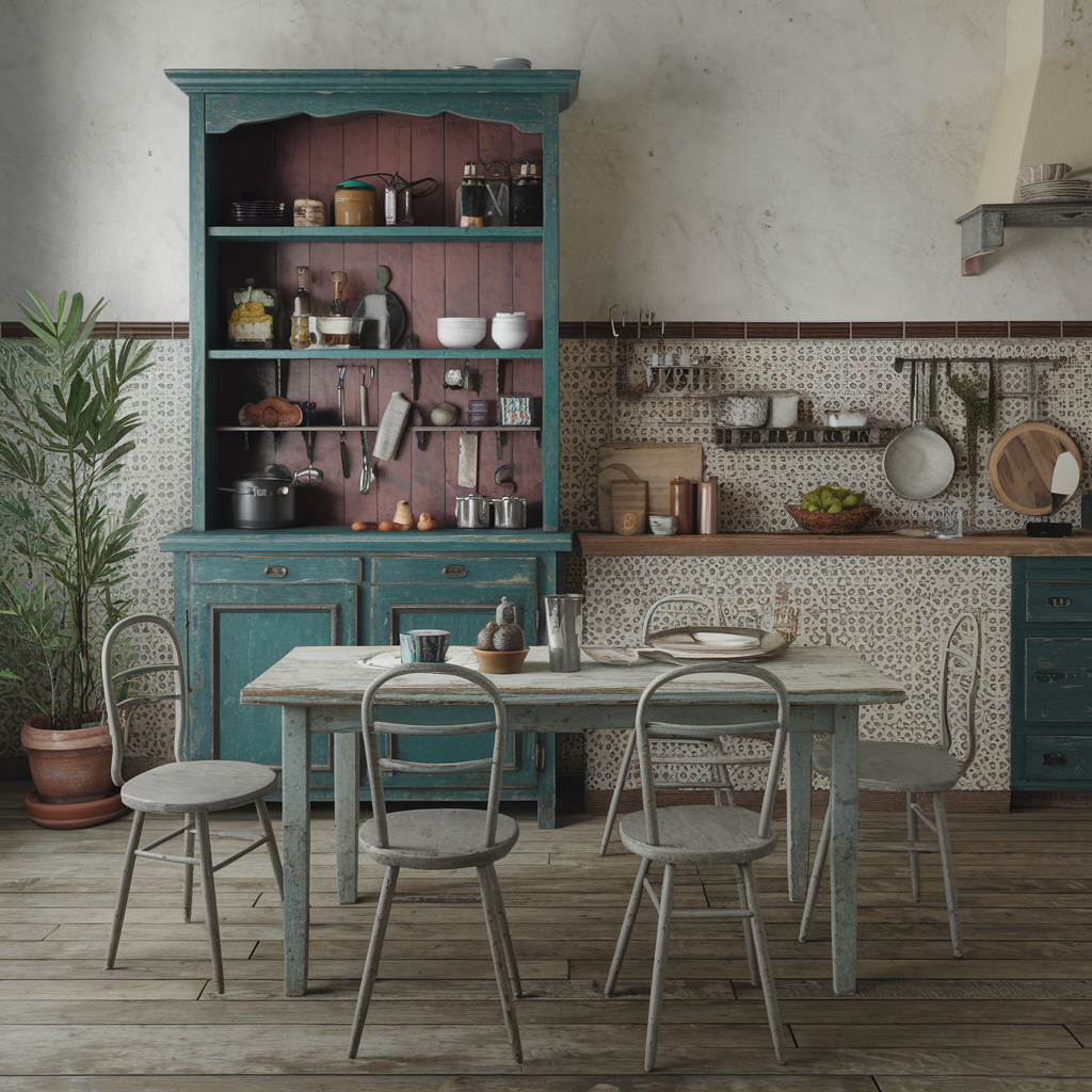 A distressed wooden table and chairs, a repurposed teal cabinet with kitchen utensils and other decor accents in a boho kitchen