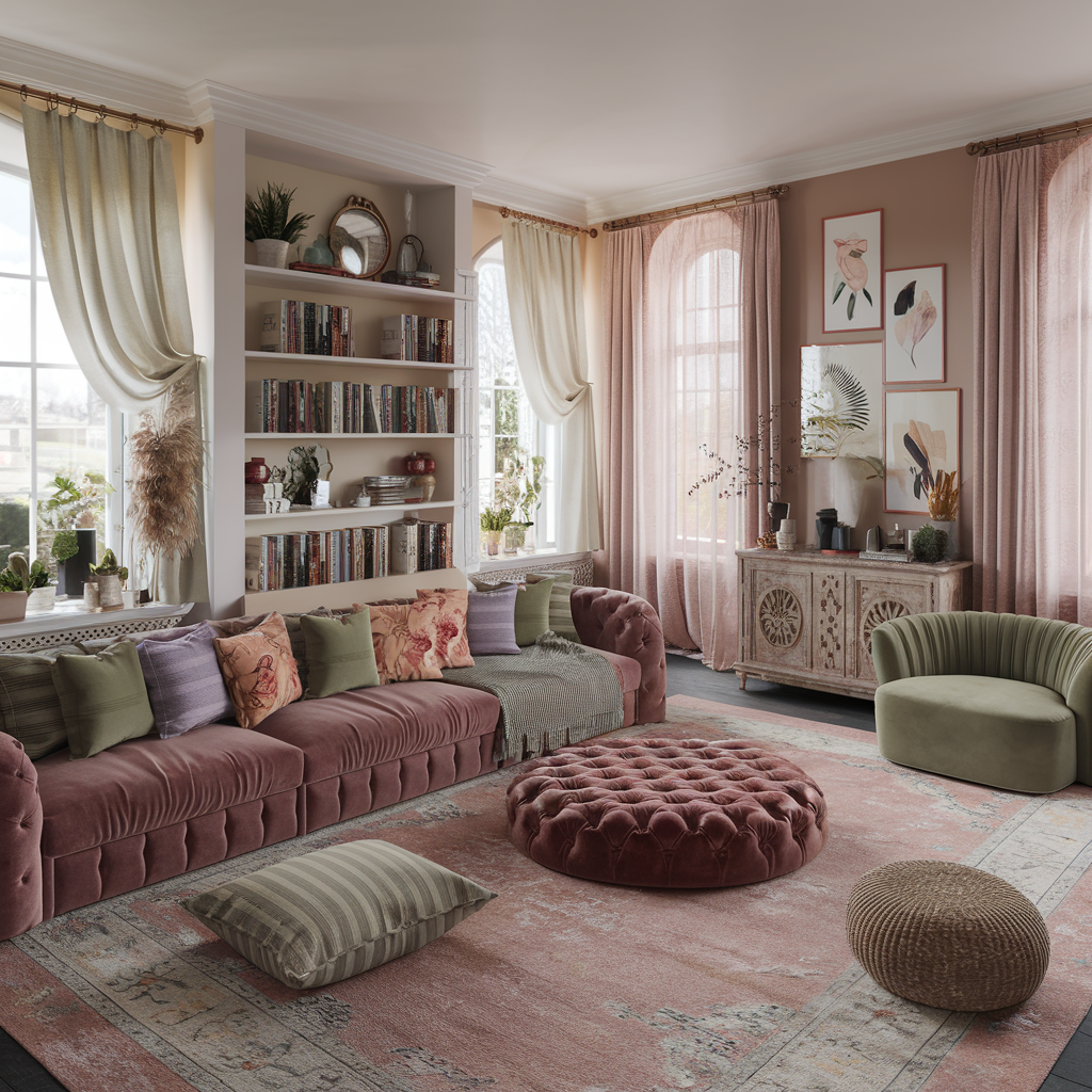 An eclectic living room with a variety of throw pillows, furniture, and home decor accents