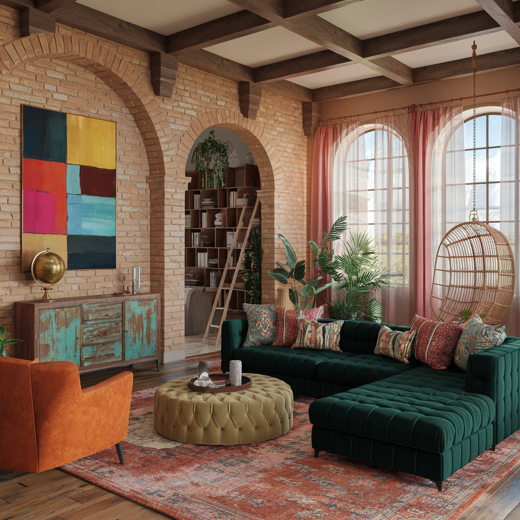 An eclectic living room with architectural features, furniture, and home decor accents