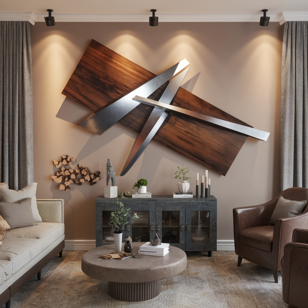 Stylish living room with sculptural wall art, modern furniture, and cozy decor, creating a warm and artistic atmosphere.