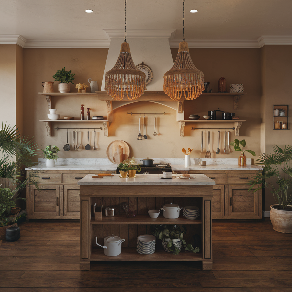 A kitchen with a sculptural boho pendant light made of woven materials, creating a warm glow.