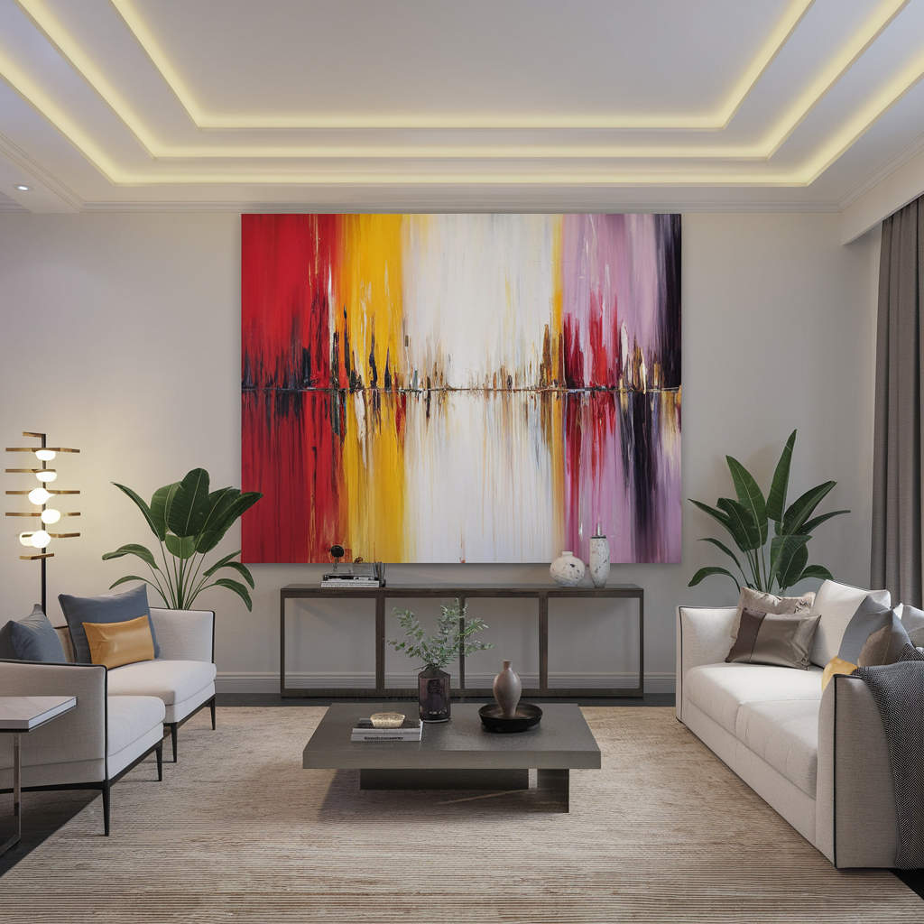 Create a hyper-realistic, high-resolution visual of a stylish living room centered around a single oversized piece of artwork. The artwork is a bold, modern abstract painting that complements the room’s color palette and serves as the focal point, positioned above a sleek sofa or console table. The painting's colors and textures are enhanced by natural and ambient lighting, ensuring every detail stands out beautifully. The living room features contemporary furniture, including a minimalist sofa with clean lines, a modern coffee table, and subtle decor accents such as potted plants, a textured area rug, and soft throw pillows. Add a floor lamp or sconce for layered lighting, creating an inviting and elegant atmosphere. The overall vibe is sophisticated, warm, and harmonious