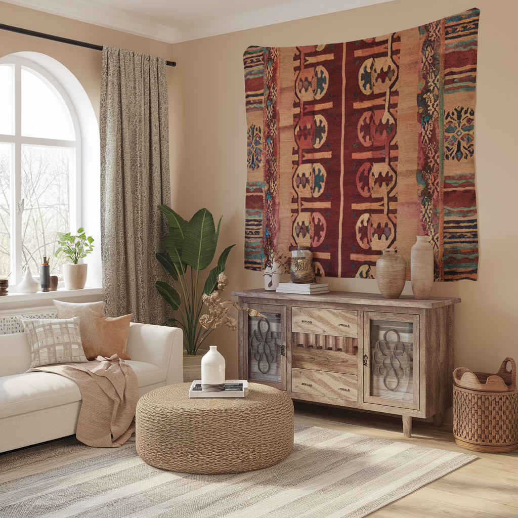 Stylish living room featuring a tapestry, modern furniture, warm lighting, and cultural accents.