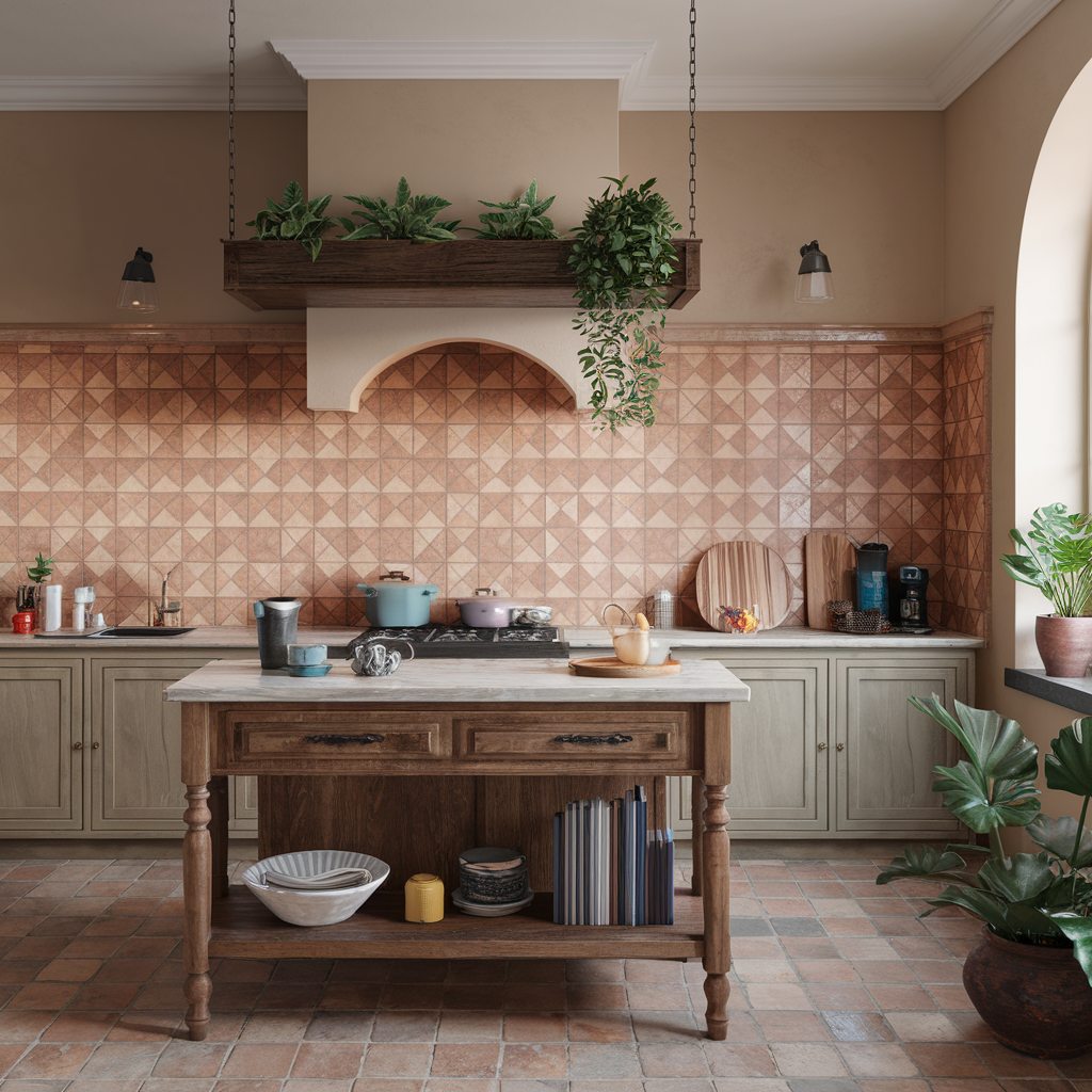 A bohemian-inspired kitchen backsplash with bold Moroccan-style tiles in warm tones paired with neutral cabinets