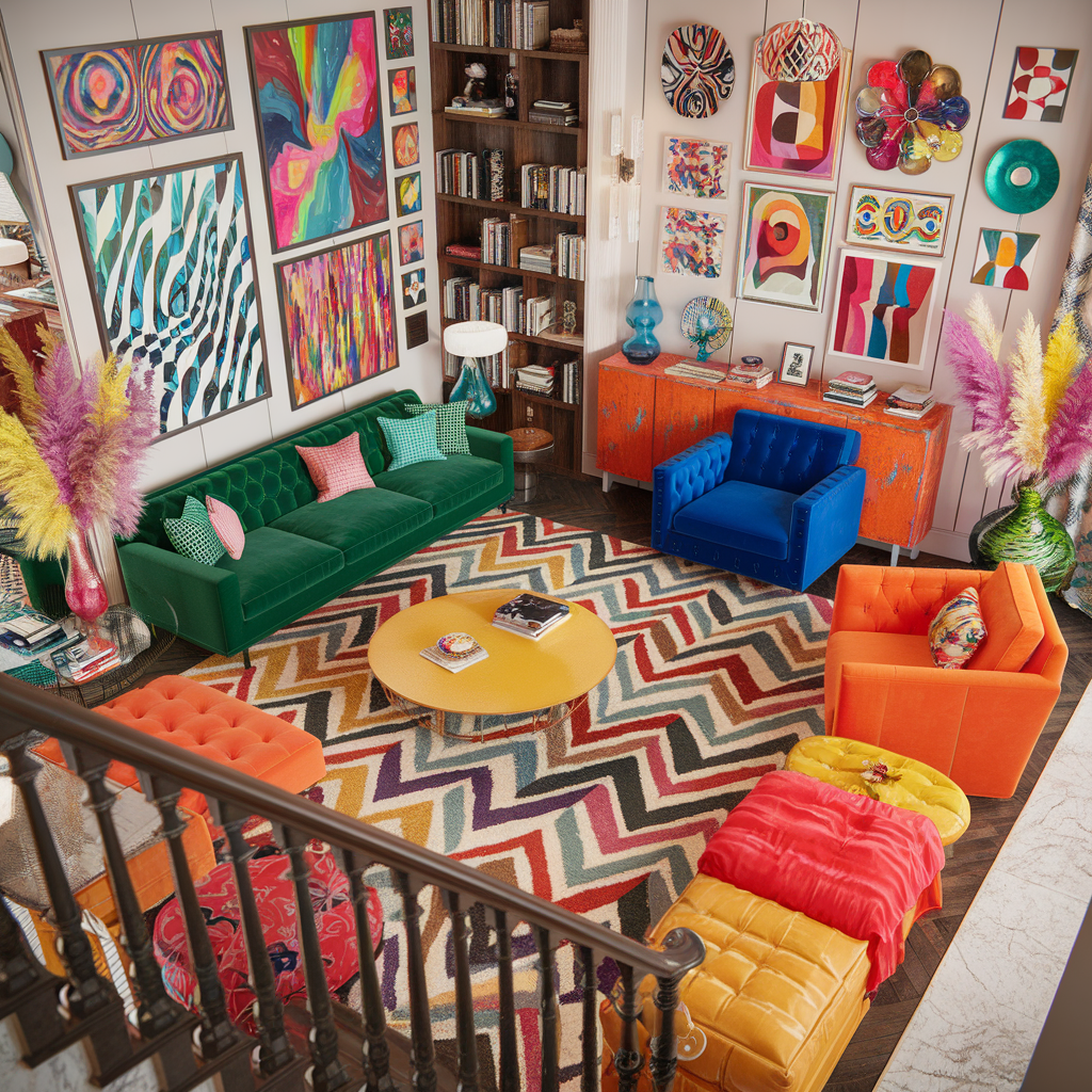 An eclectic living room setting with a vibrant, bold color palette including furniture, curtains, rugs, and other home decor accents in vibrant bold colors.