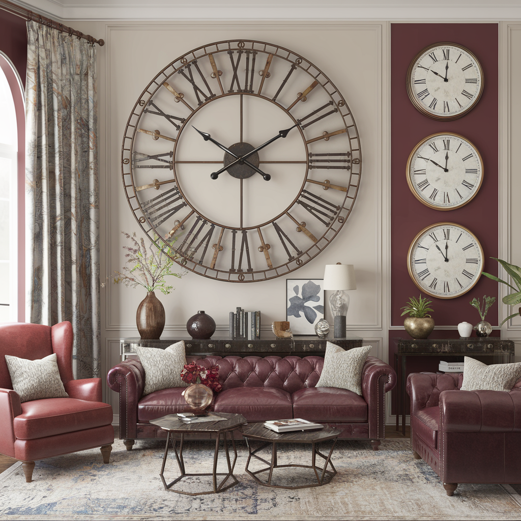 Stylish living room featuring an oversized wall clock, three smaller eclectic clocks, burgundy leather sofa and armchairs, and eclectic decor for a warm, inviting atmosphere.