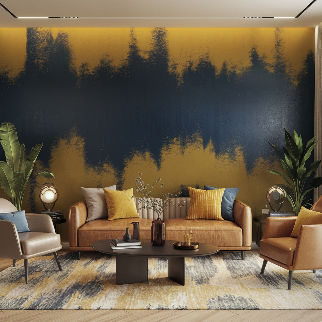 A modern living room with a bold deep blue and mustard yellow ombre accent wall, cozy furniture, vibrant decor, and ambient lighting for a vibrant, curated vibe.