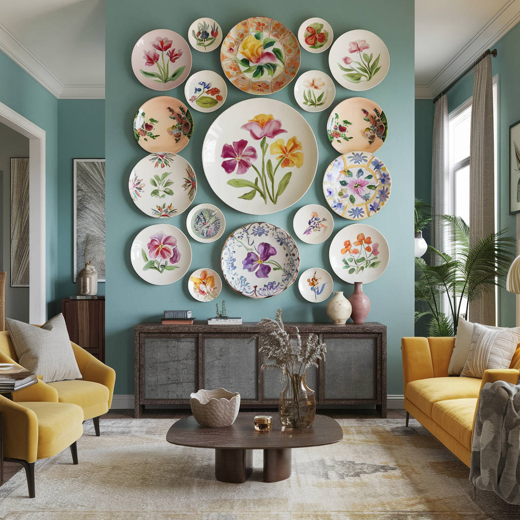 Elegant living room featuring a gallery wall of decorative plates, a sleek yellow sofa, armchairs, and inviting decor accents.