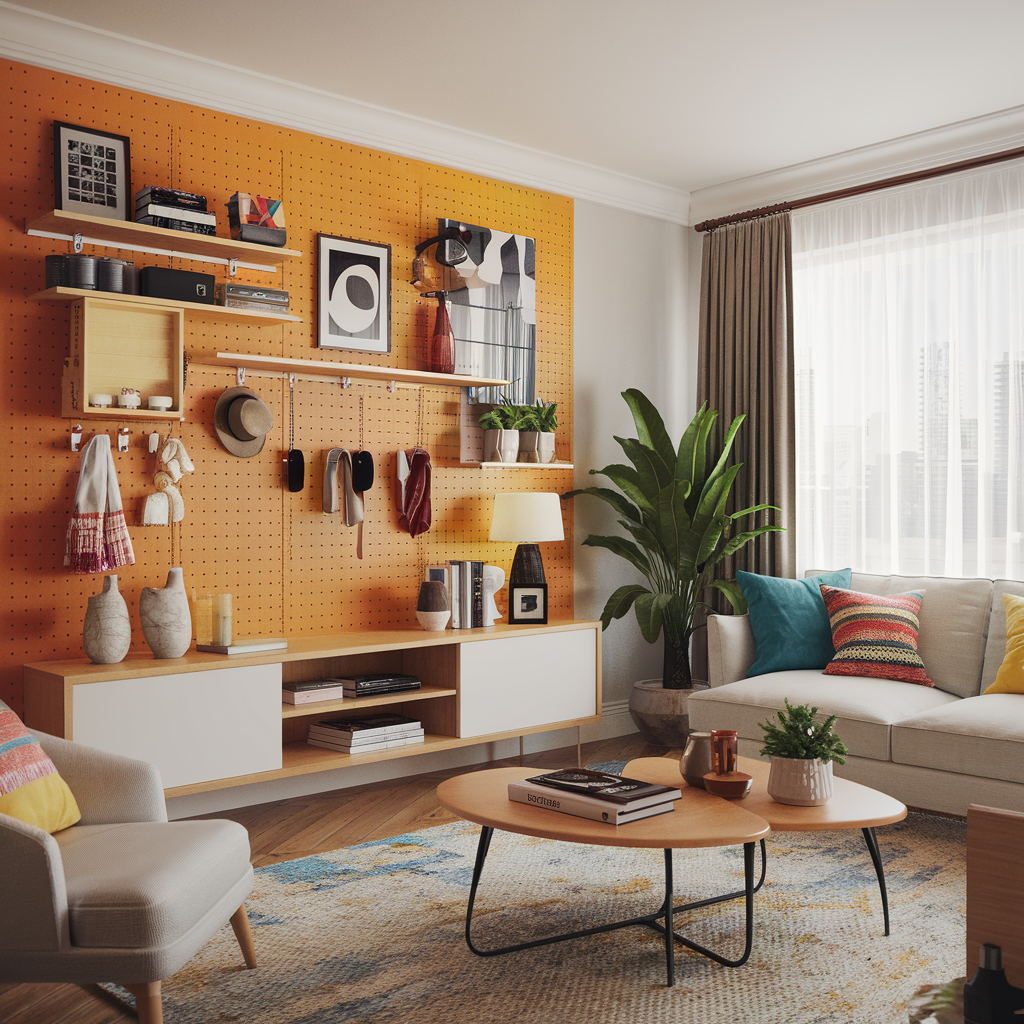 Modern living room featuring a yellow mustard pegboard wall with interchangeable pieces, cozy furniture, and inviting decor for a functional and creative vibe.