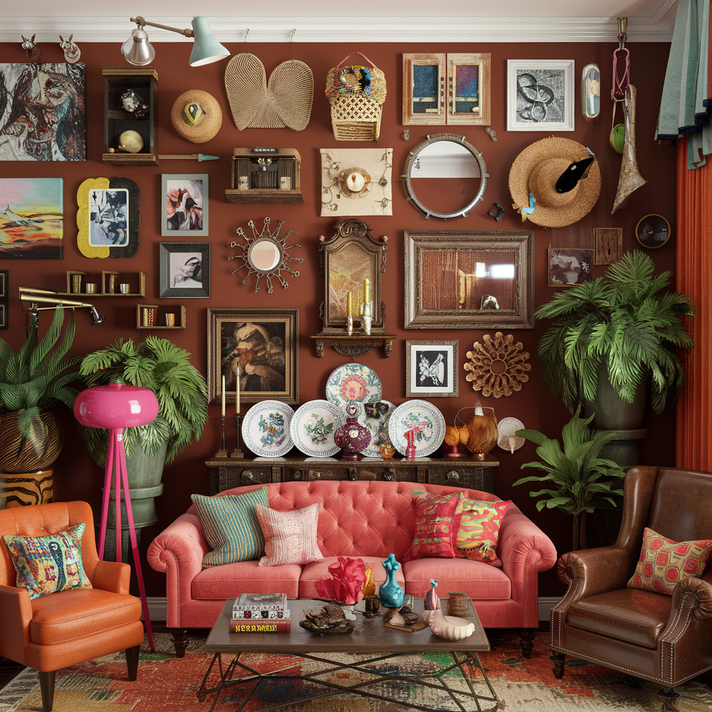 An eclectic living room with a gallery wall with mix styles and mediums and other vibrant decor accents and furniture