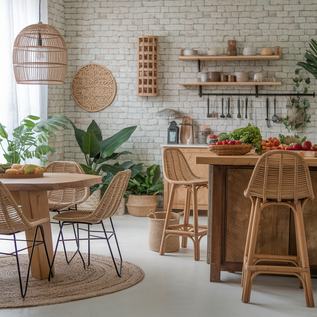 A boho kitchen featuring rattan bar stools around an island, a wicker pendant light over a wooden dining table and fresh produce in woven baskets.