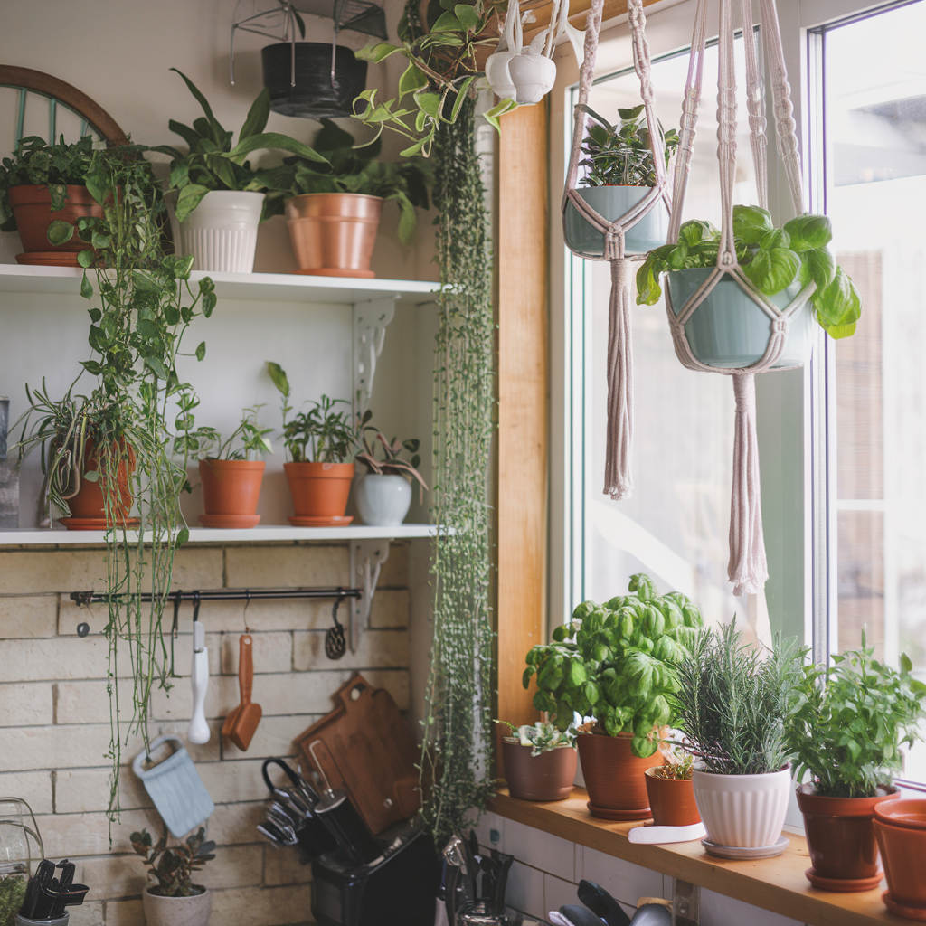 A boho kitchen with hanging macramé planters, trailing green pothos plants, and a small herb garden on the windowsill.