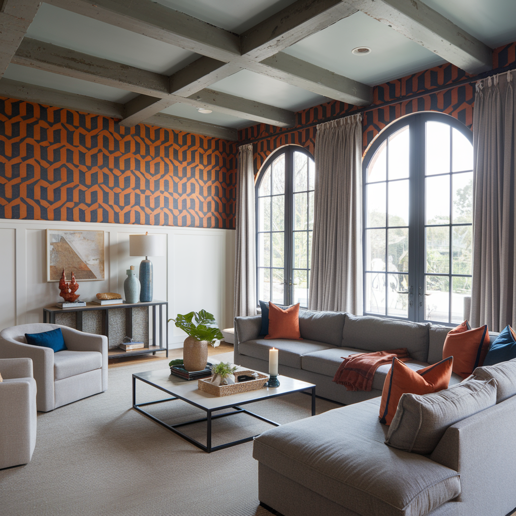 A stylish living room with bold geometric wallpaper, cozy modern furniture, rustic beams, and vibrant decor for a dynamic, inviting space.