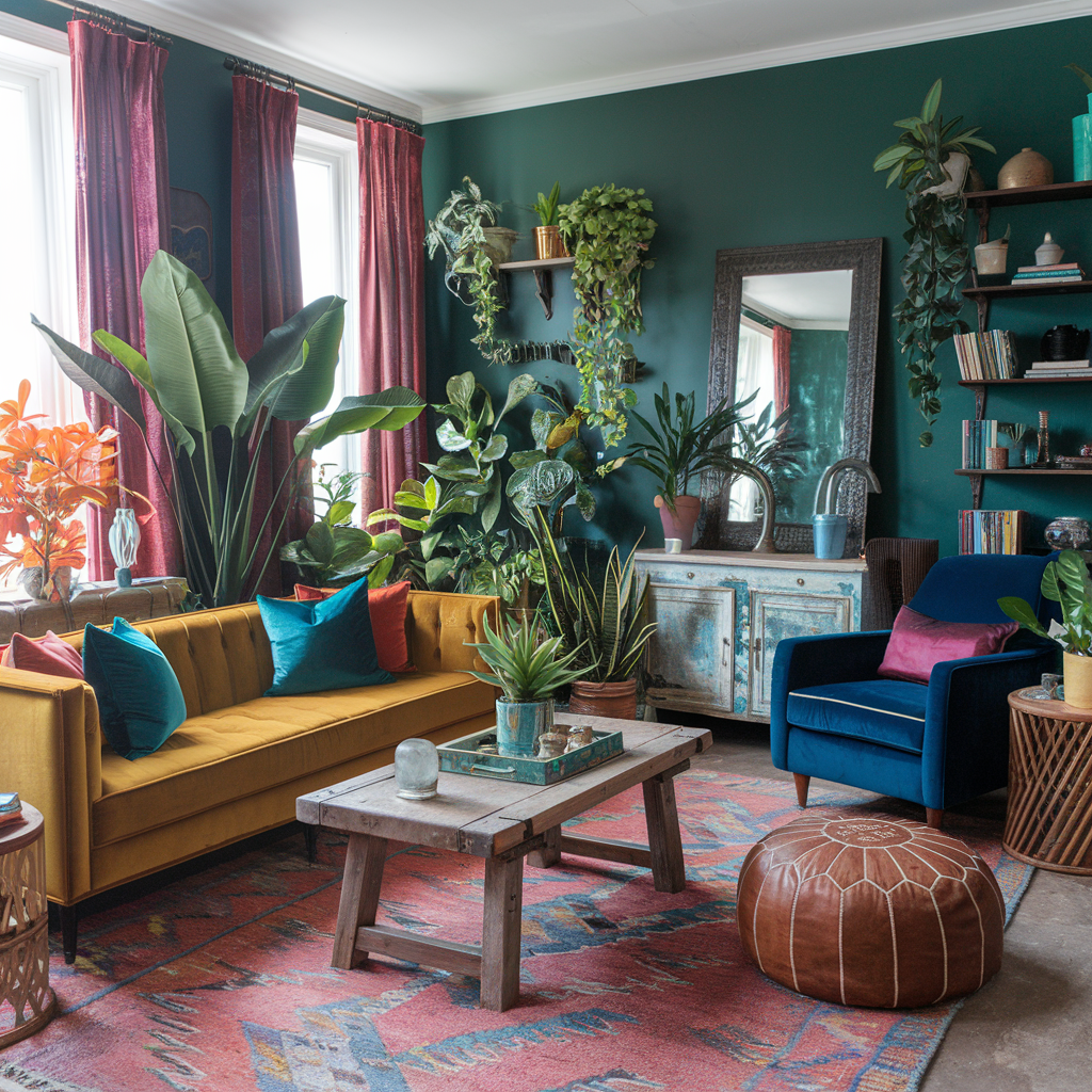 An eclectic living room with luscious plants and greenery and other furniture and home decor accents