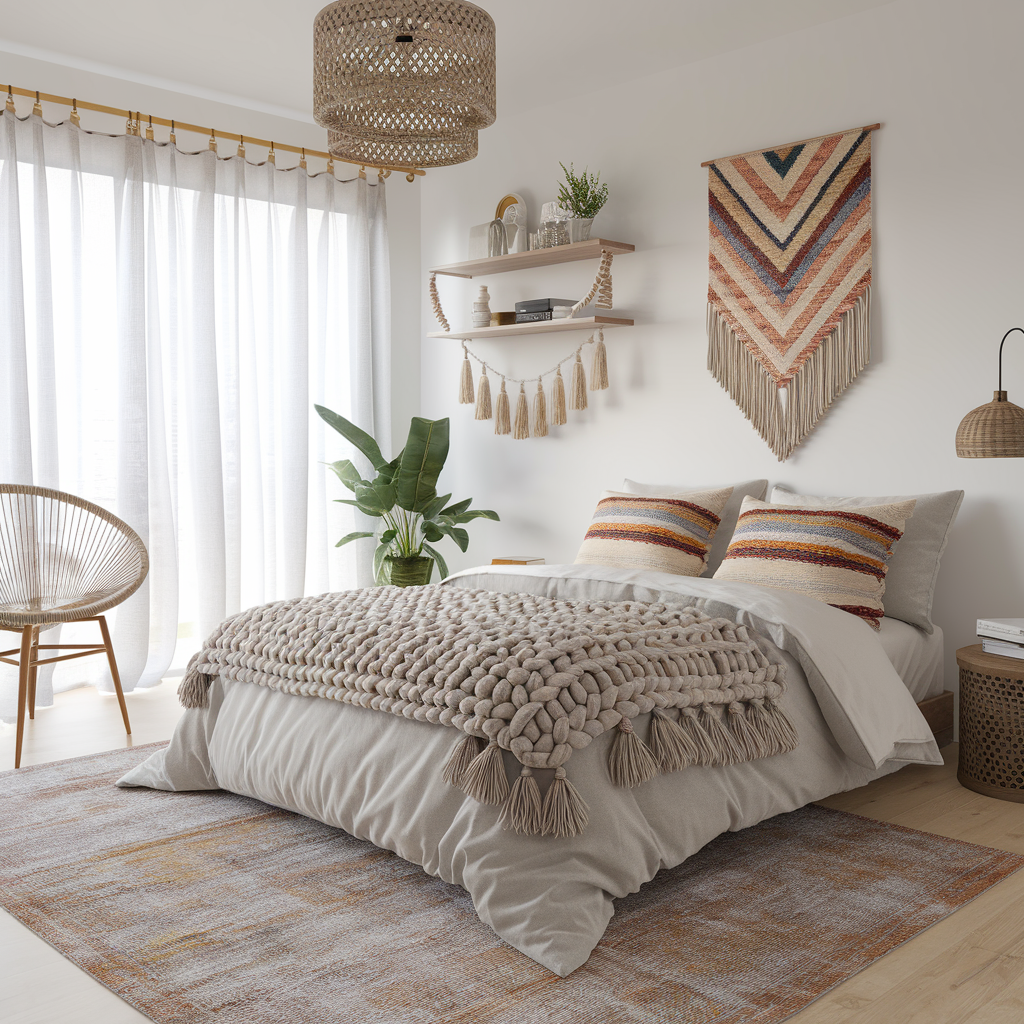 A Modern Boho Bedroom With Other Decor Accents