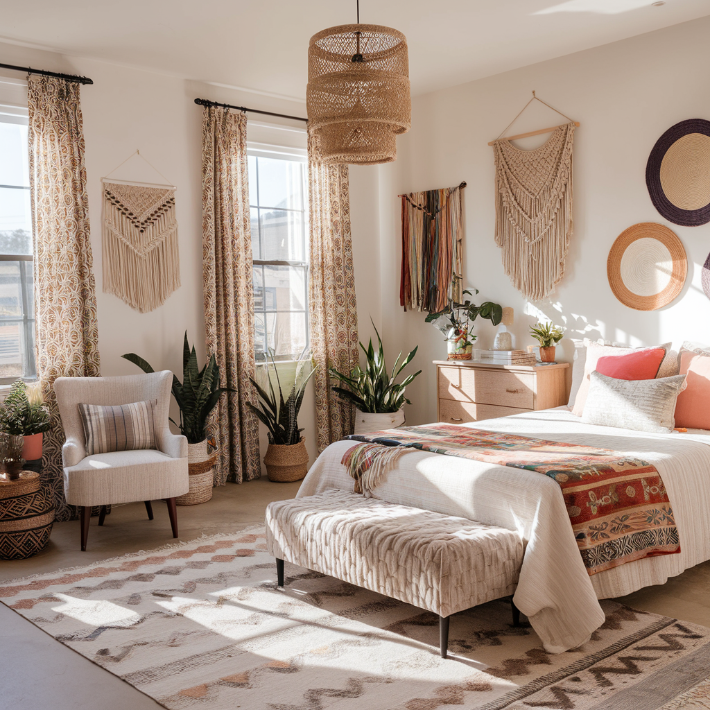 A Modern Boho Bedroom With Other Decor Accents