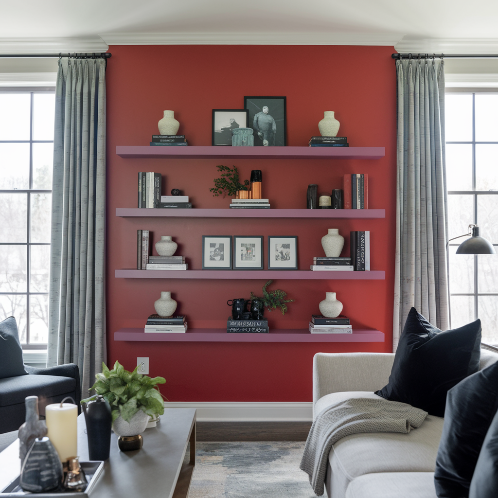 A modern living room with bold floating shelves on an accent wall, styled with books, plants, decor, and a cozy, dramatic vibe.