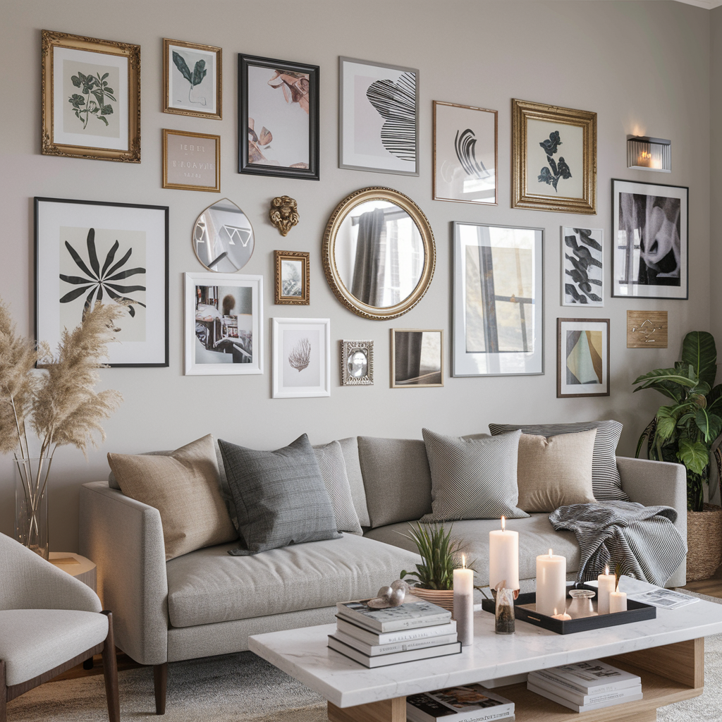 A cozy modern living room with a vertical gallery wall of botanical illustrations, framed art, mirrors, and warm accents.