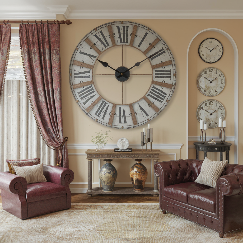 Stylish living room featuring an oversized wall clock, burgundy leather sofa, and eclectic decor for a warm, inviting atmosphere.