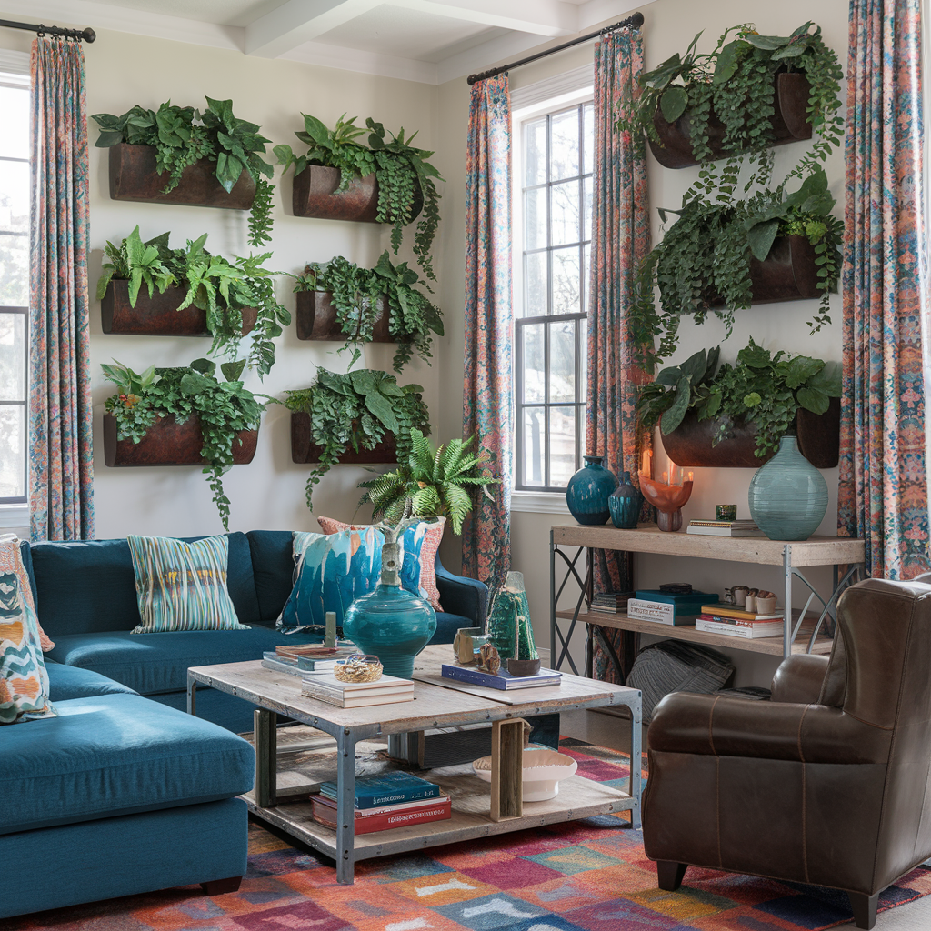 Vibrant living room with wall-mounted planters, cozy blue sectional, brown leather armchair, colorful decor, and lush greenery for a lively atmosphere.