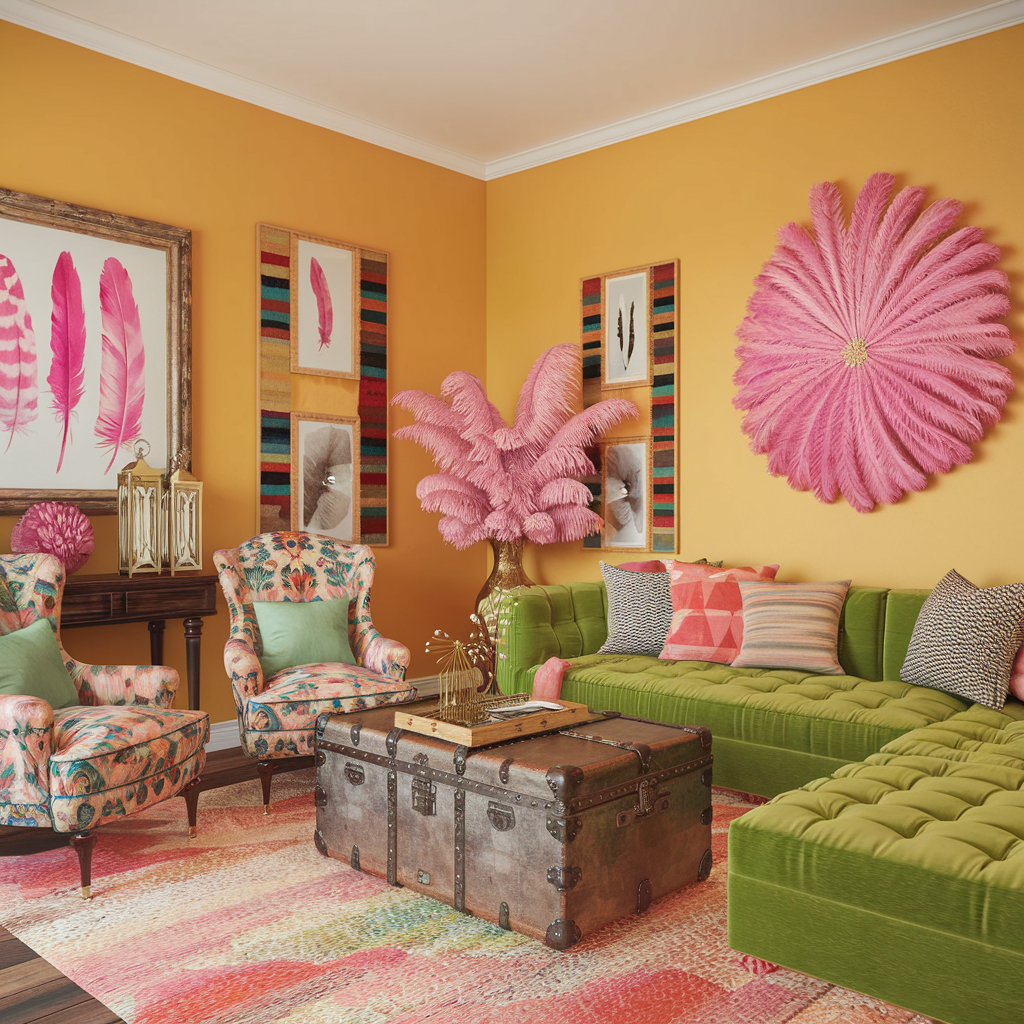 A cozy bohemian family room with pink feather wall art, yellow walls, an antique trunk coffee table, and colorful armchairs opposite a green sectional sofa.